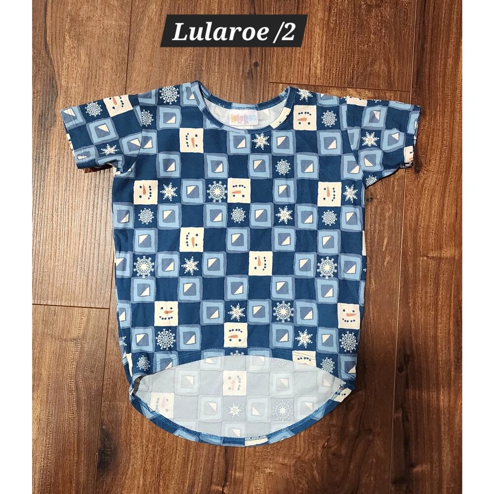 Lularoe T-Shirt Short Sleeves Snowman Snowflakes Print Blue‎ Unisex Kids Size 2